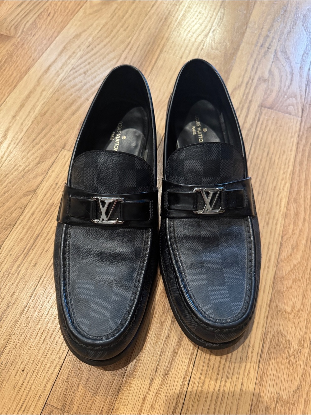 Louis Vuitton Black Damier Pattern Slip-On Loafers with LV Hardware
